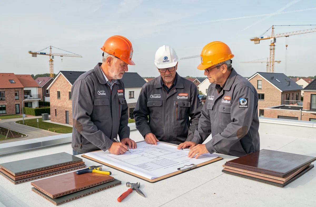 Équipe de couvreurs certifiés Qualibat en Hauts-de-France étudiant des plans sur un chantier de toiture neuve