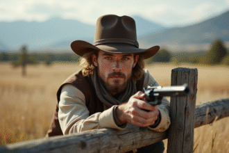 Jeune cowboy en prairie avec revolver et chapeau