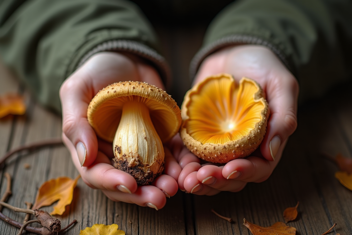Mains de cueilleur tenant chanterelle et fausse chanterelle