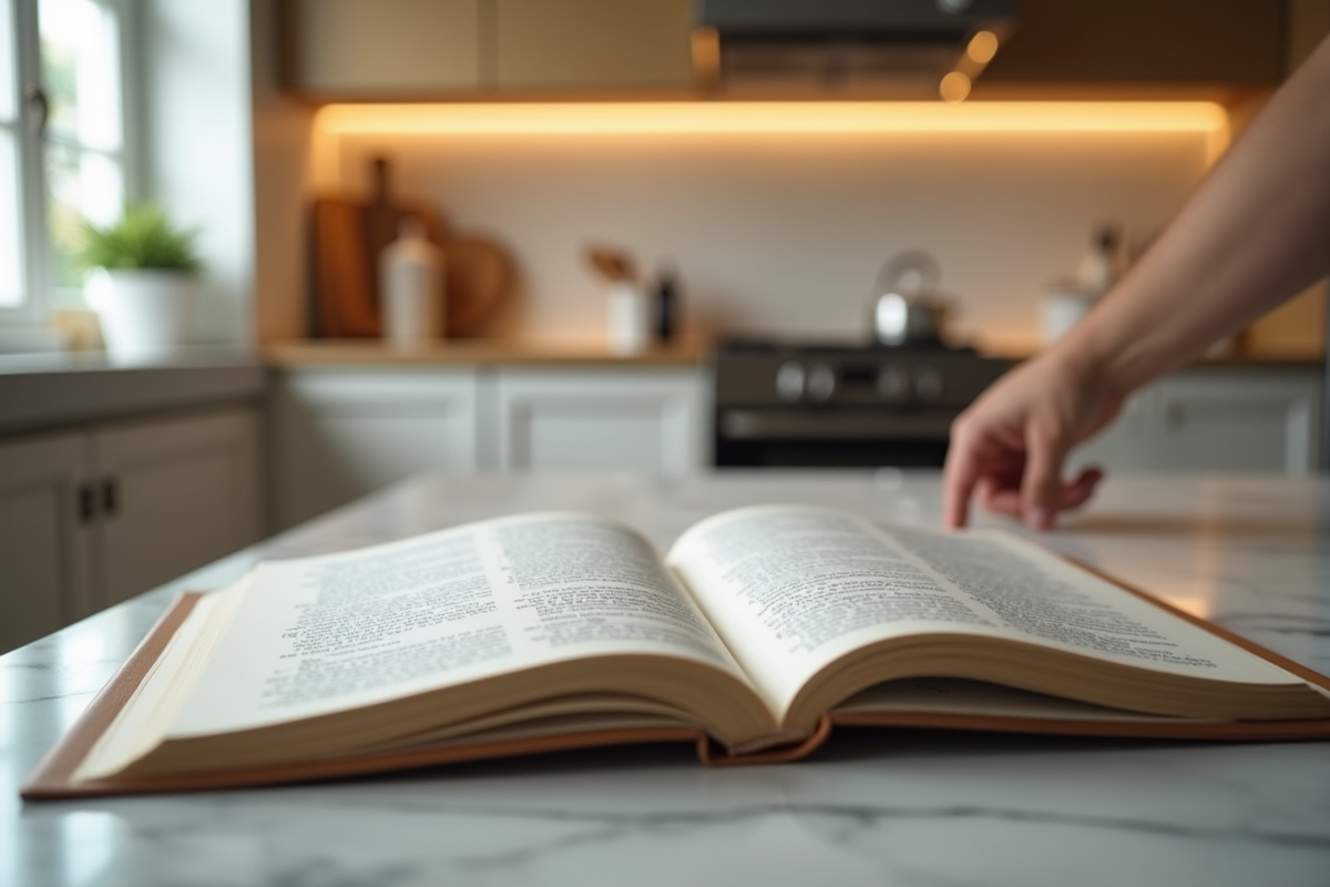 Cuisine lumineuse avec livre ouvert et thermostat en action