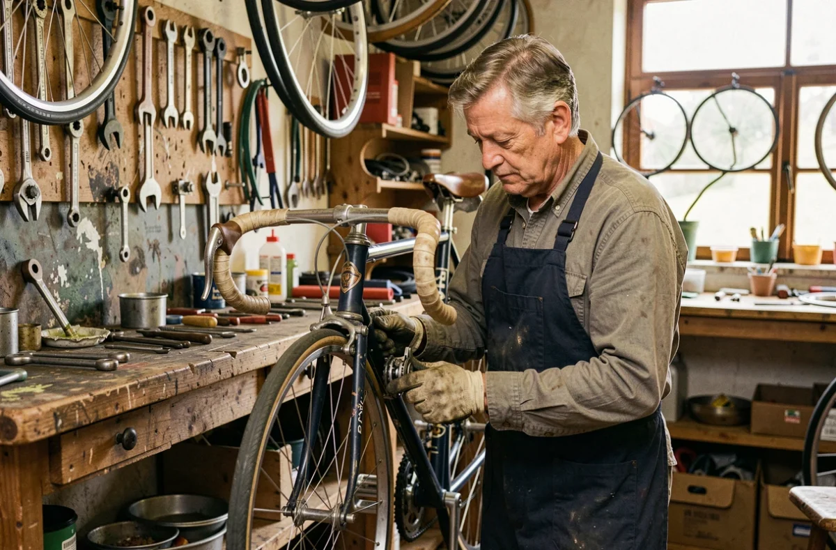 Mécanicien de Cycles Fauvel dans l'Eure réparant un vélo de route vintage dans son atelier artisanal