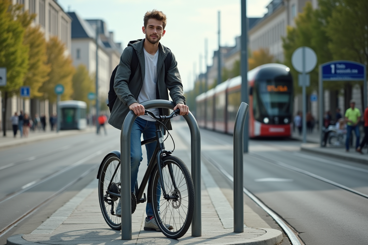 Jeune cycliste devant un arrêt de tram en ville