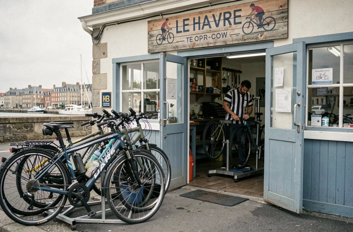 Devanture de Cyclocéane au Havre avec des vélos urbains garés et un mécanicien visible dans l'atelier