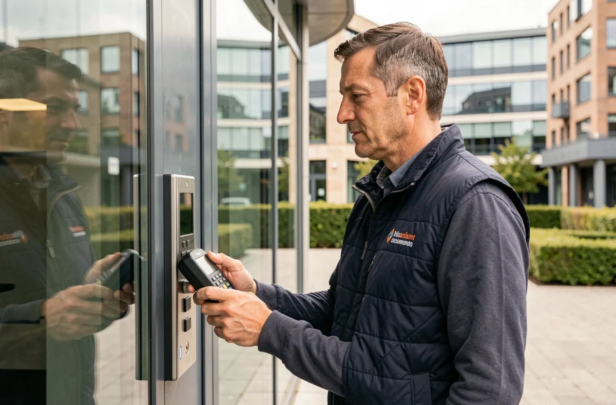 David Fedelli de Serrurier 25 programmant un système d'accès électronique sur une entrée d'immeuble de bureaux