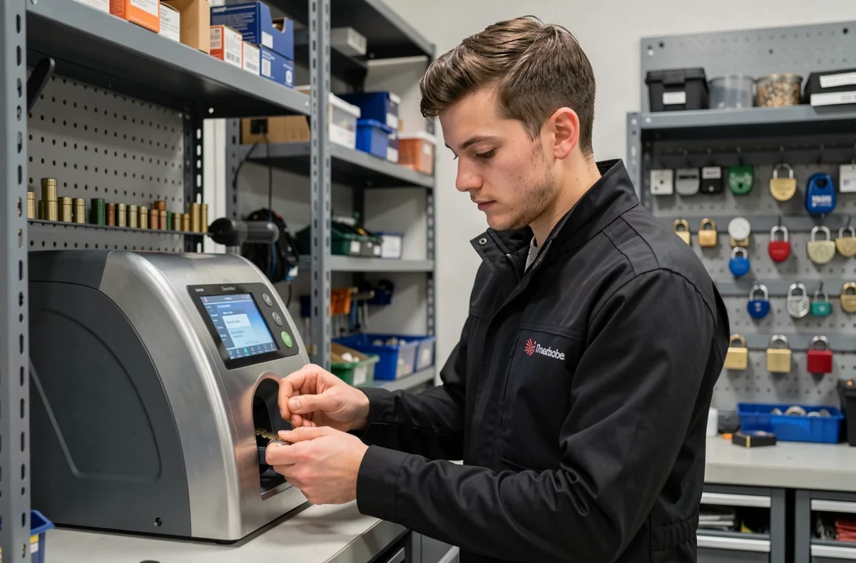 Technicien de DC Serrurier dupliquant une clé sur une machine numérique dans un atelier de serrurerie organisé