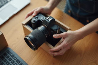 Une personne déballant un nouvel appareil photo sur un bureau lumineux