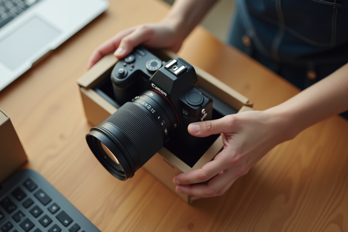 Une personne déballant un nouvel appareil photo sur un bureau lumineux
