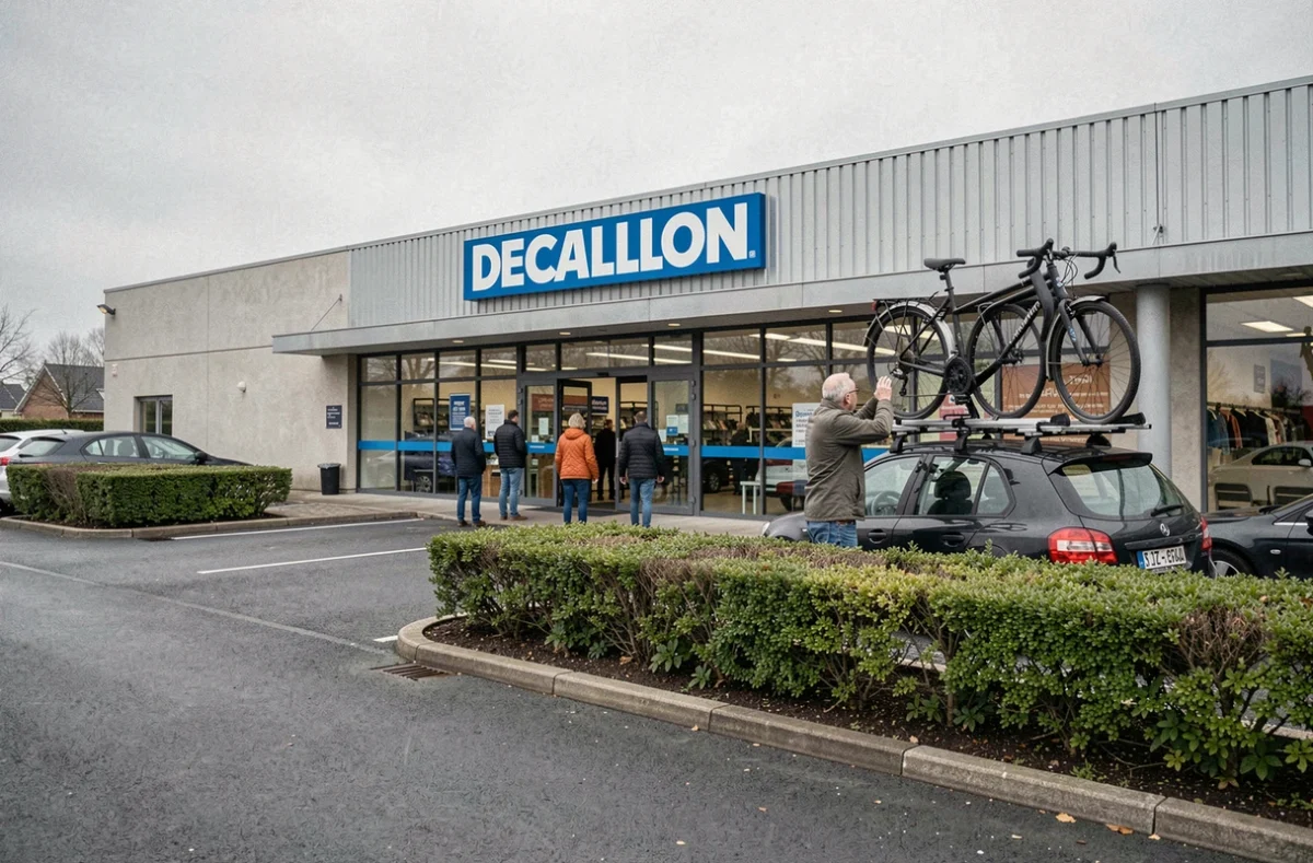 Extérieur du Decathlon d'Avranches avec un client chargeant un vélo sur son véhicule dans le parking