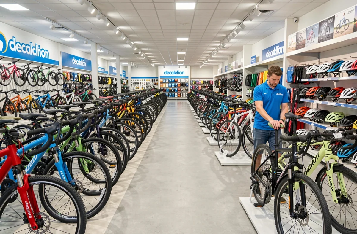 Rayon vélos du Decathlon de Caen Mondeville avec un employé en uniforme bleu ajustant une selle