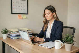 Femme effectuant ses démarches administratives en ligne après une reprise d'emploi depuis son bureau à domicile