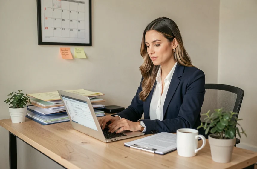 Femme effectuant ses démarches administratives en ligne après une reprise d'emploi depuis son bureau à domicile