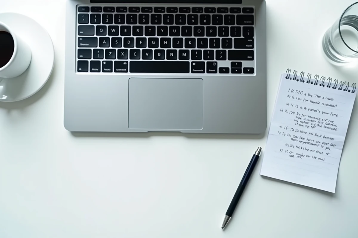 Ordinateur portable affichant une erreur DNS avec un outil VPN ouvert et des notes de dépannage
