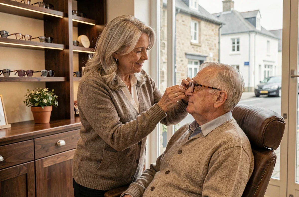 Opticienne de Des Lunettes et des Yeux ajustant avec soin de nouvelles lunettes sur un client senior dans une boutique élégante au cadre chaleureux