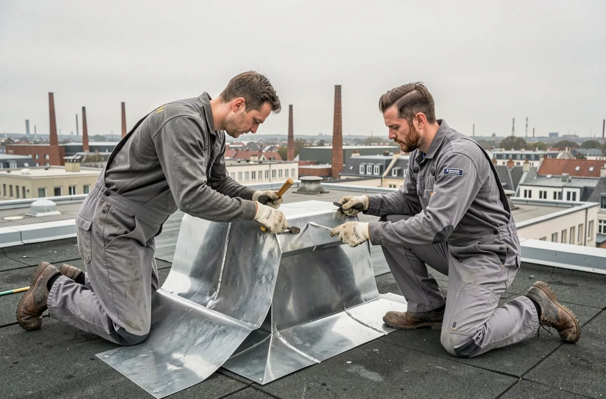Deux ouvriers de Destee Bertrand SAS fixant un solin en zinc autour d'une cheminée sur un toit commercial
