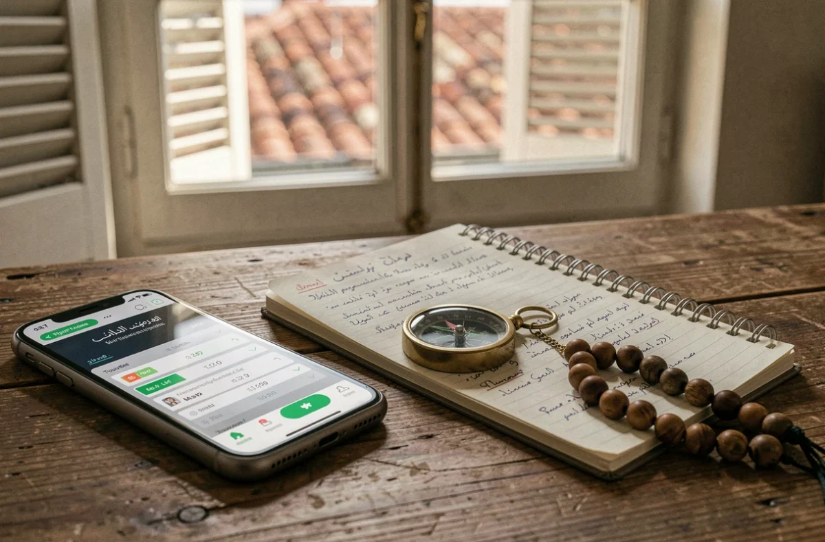 Gros plan d'une application de prière sur smartphone, carnet de notes et boussole sur une table à Toulouse