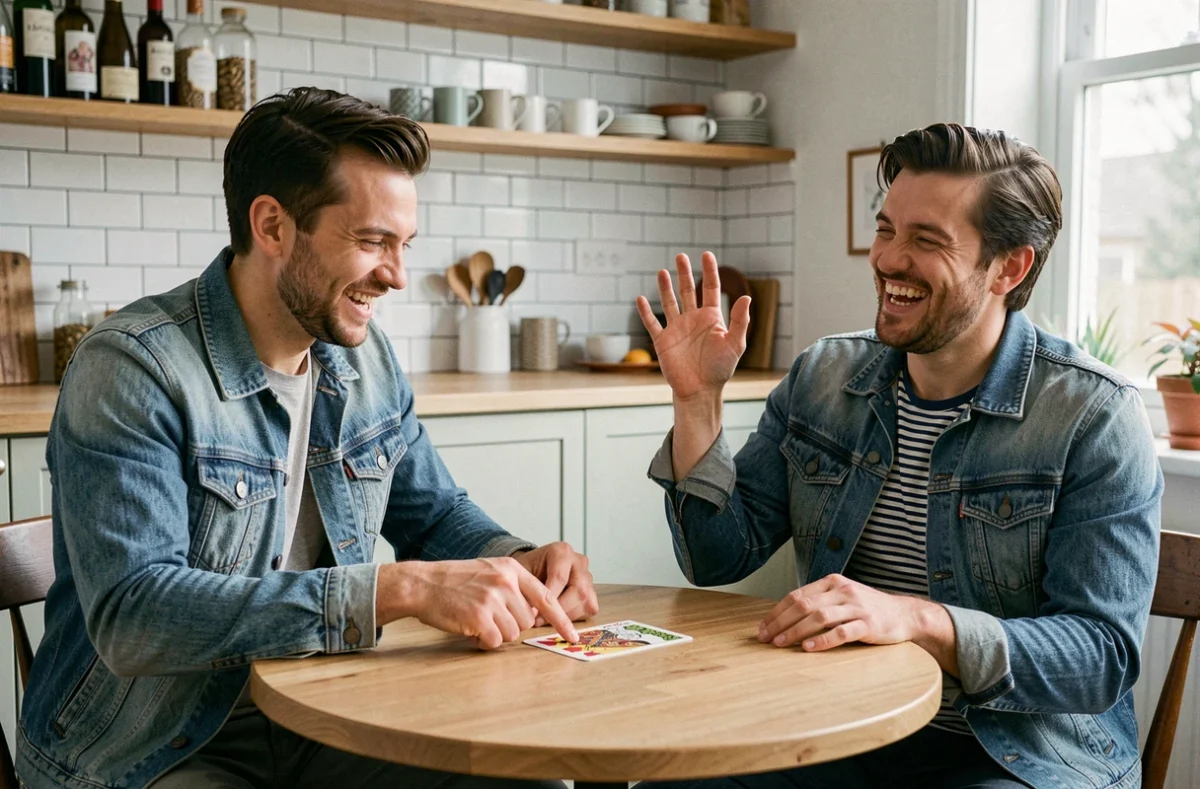 Deux amis jouant aux cartes palmiers dans une cuisine avec expressions amusées