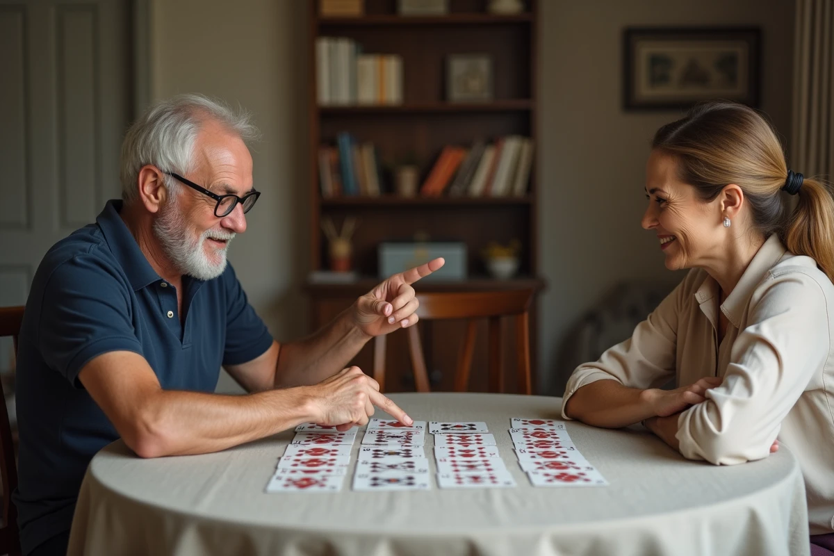 Deux adultes jouant une partie de Crapette face à face avec les cartes disposées sur une table à manger