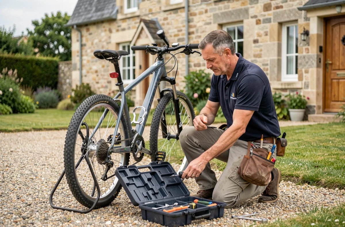 Technicien de Dim'Bike effectuant une réparation de vélo à domicile dans le Calvados