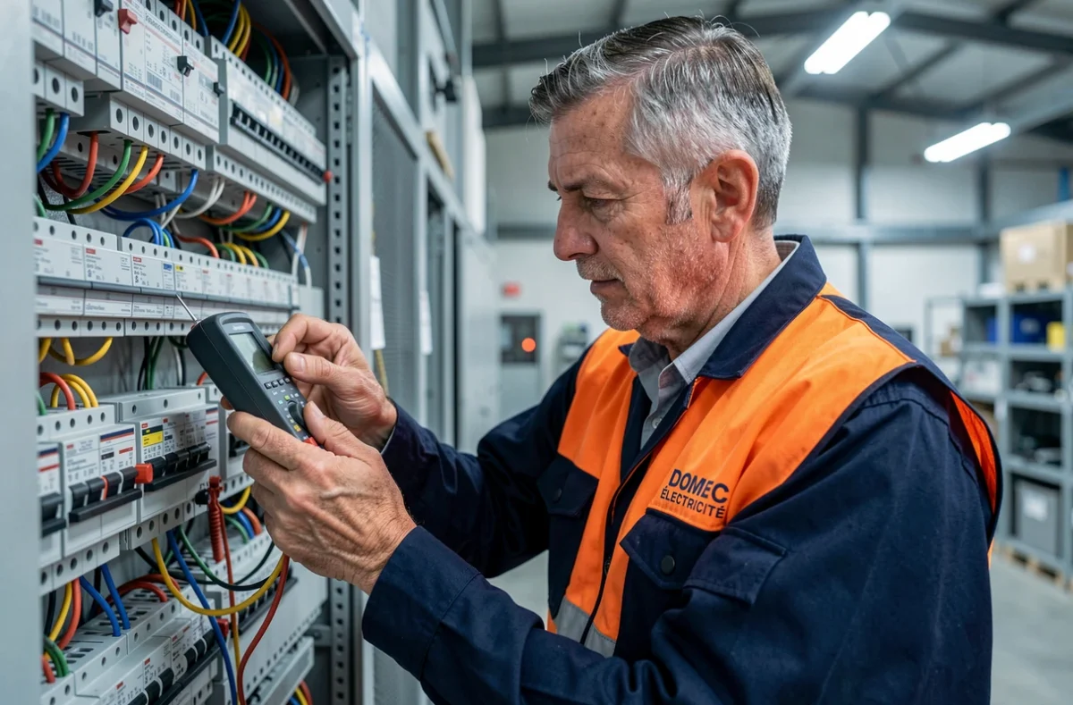 Technicien de Domec Électricité vérifiant un tableau de distribution dans un local commercial à Orthez