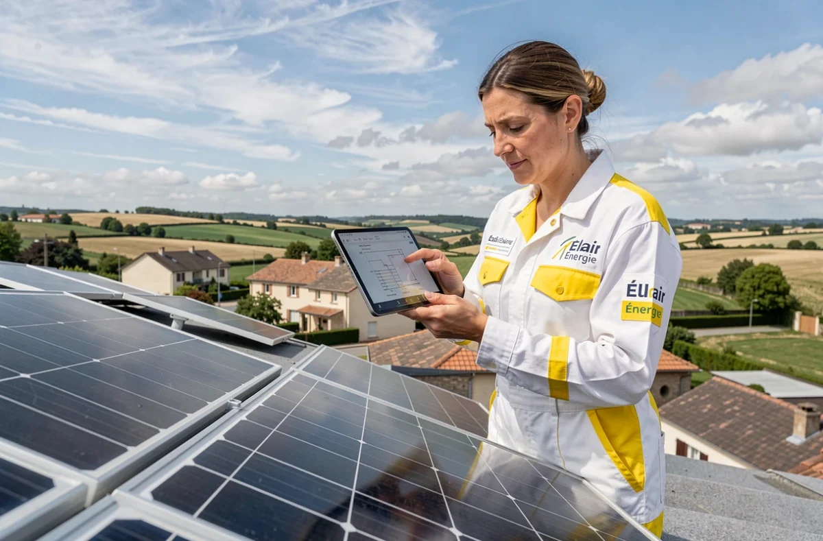 Électricienne d'Éclair Énergie inspectant une installation de panneaux solaires sur une maison basque