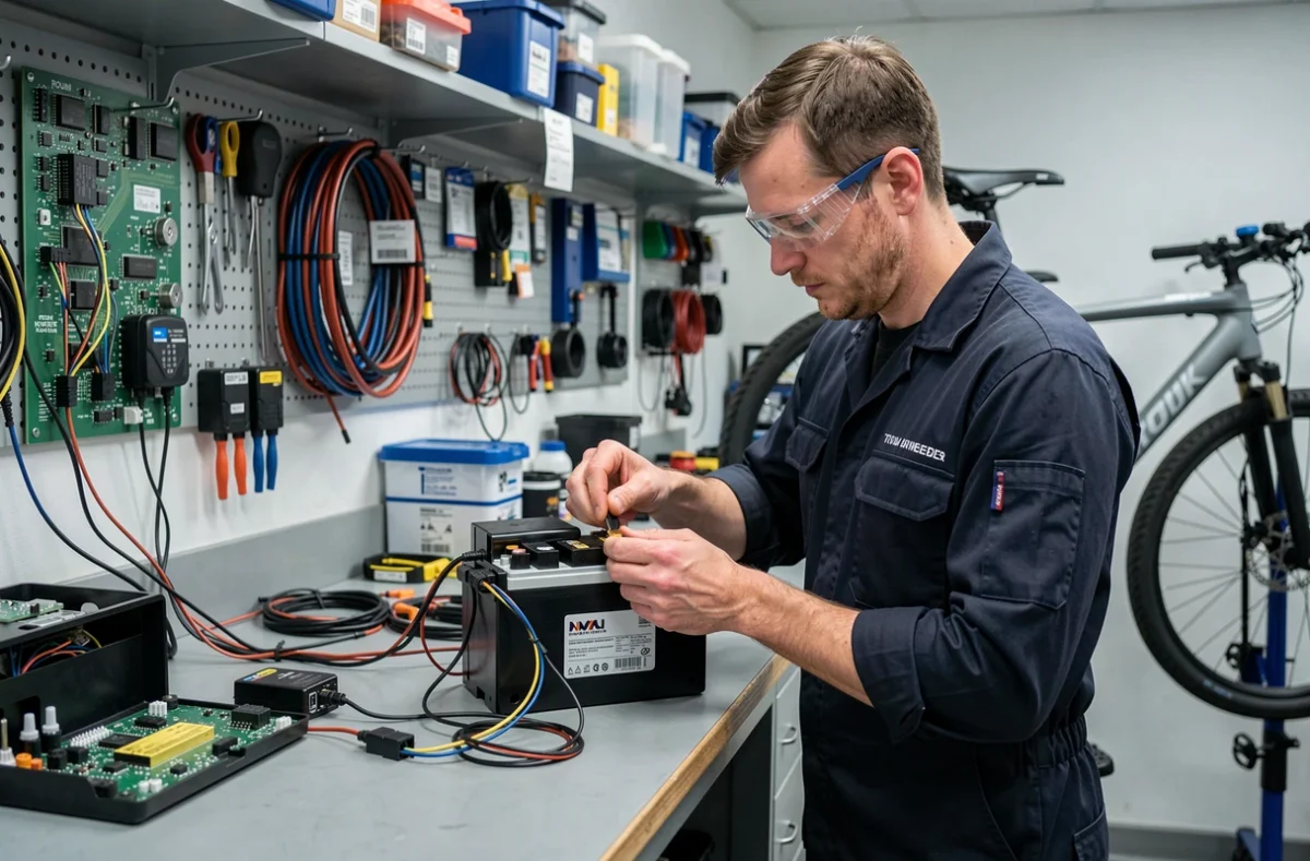 Technicien d'Électro Scoot à Rouen réparant une batterie de vélo électrique dans l'atelier