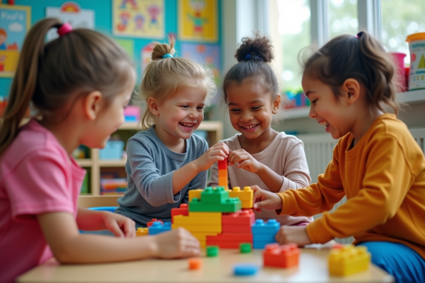 Enfants construisant une structure avec des blocs dans une classe