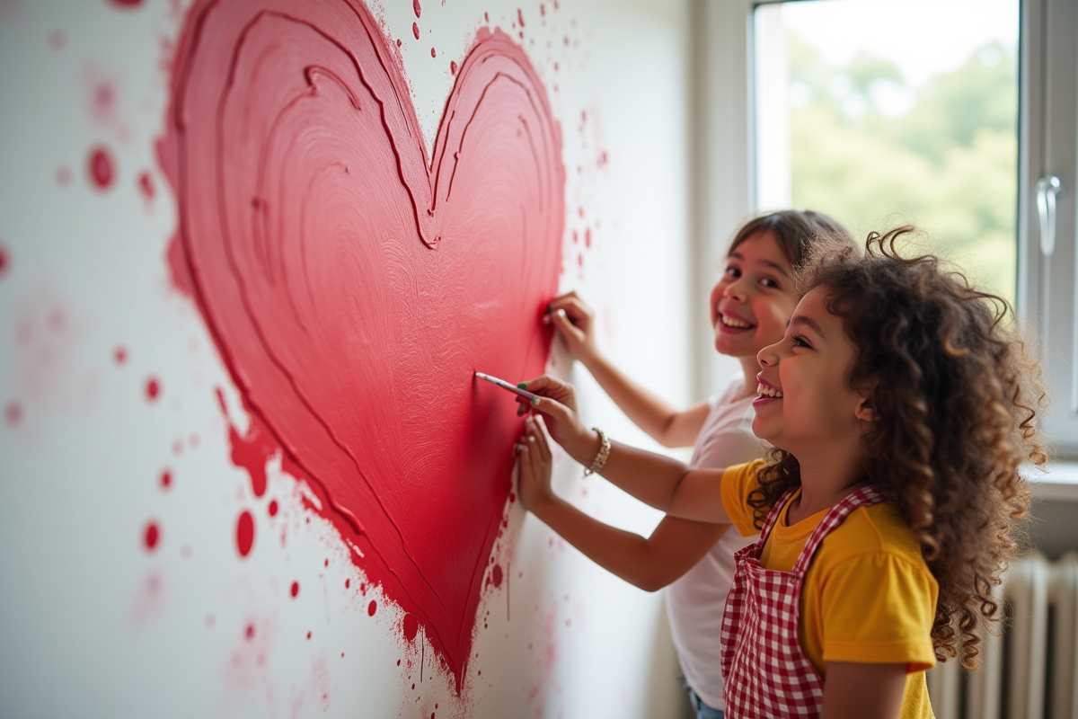 Deux enfants de cultures différentes peignant un grand coeur