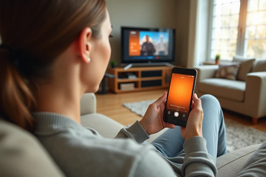 Femme utilisant son smartphone pour programmer un enregistrement à distance sur Orange TV depuis son salon