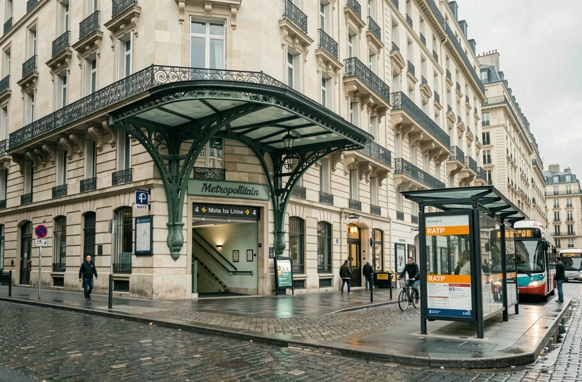 Entrée de station de métro parisienne ligne 4 avec bouche de métro Guimard et arrêt de bus RATP en façade haussmannienne