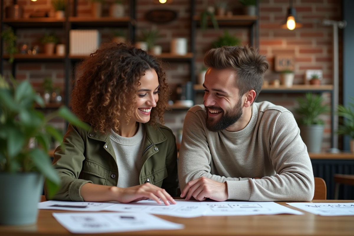 Jeunes entrepreneurs créatifs collaborant dans un café chaleureux