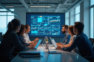 Équipe de professionnels collaborant autour d'un écran digital