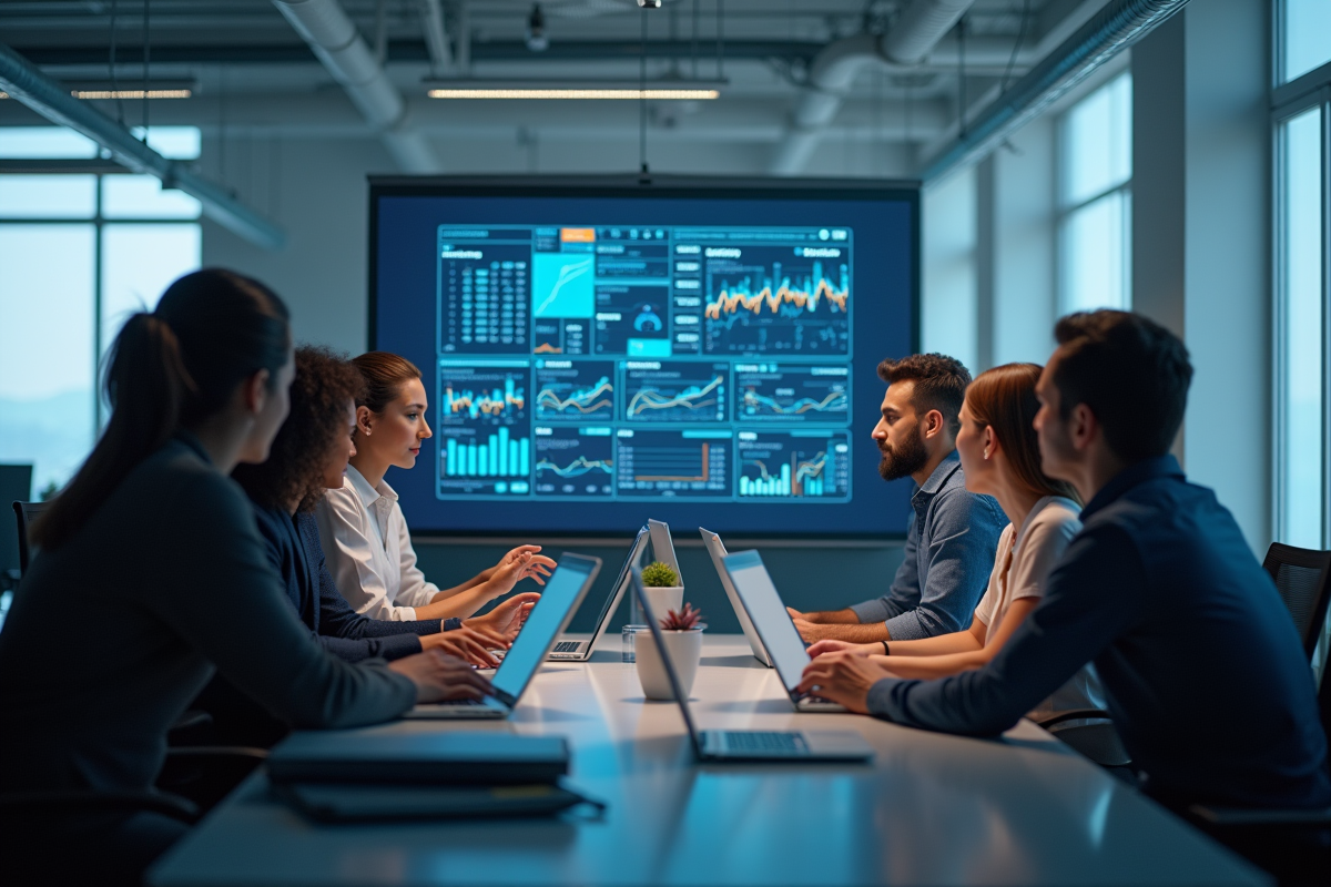 Équipe de professionnels collaborant autour d'un écran digital