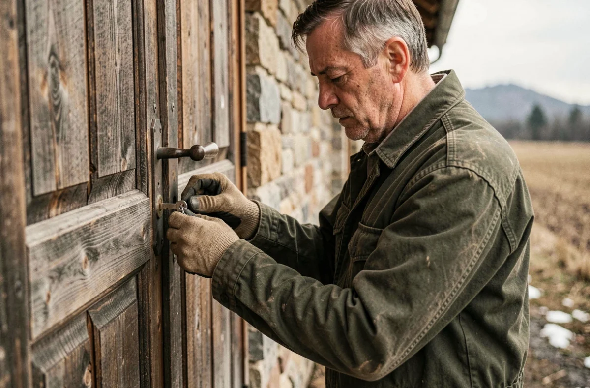 Technicien d'Etienne Services en train de recoder une serrure ancienne sur une porte de ferme dans le Doubs
