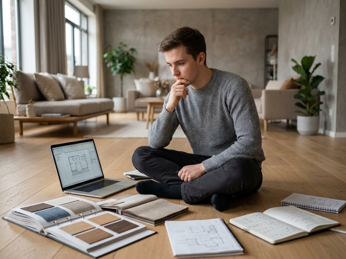 Étudiant en bachelor architecture d'intérieur consultant un logiciel de CAO entouré d'échantillons de matériaux dans un appartement showroom