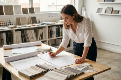 Étudiante en bachelor architecture d'intérieur travaillant sur des plans et des échantillons de matériaux dans un studio de design professionnel