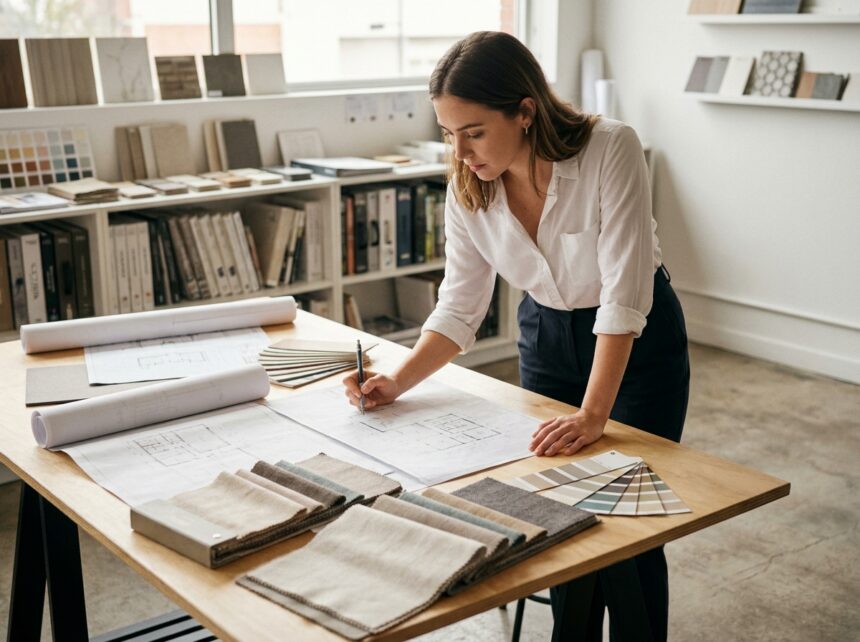 Étudiante en bachelor architecture d'intérieur travaillant sur des plans et des échantillons de matériaux dans un studio de design professionnel