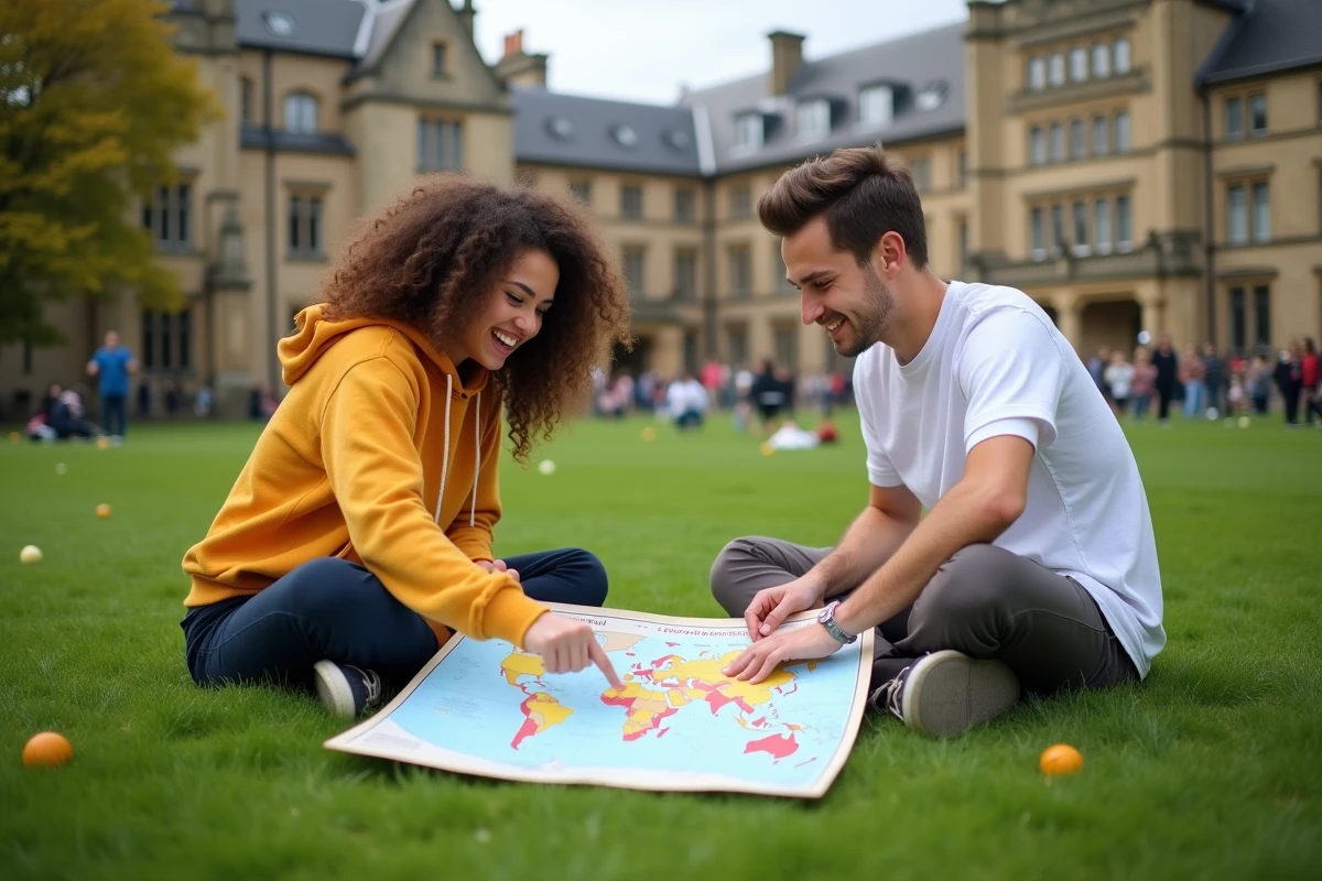 Deux étudiants révisant les capitales du monde avec une carte géographique sur une pelouse de campus universitaire