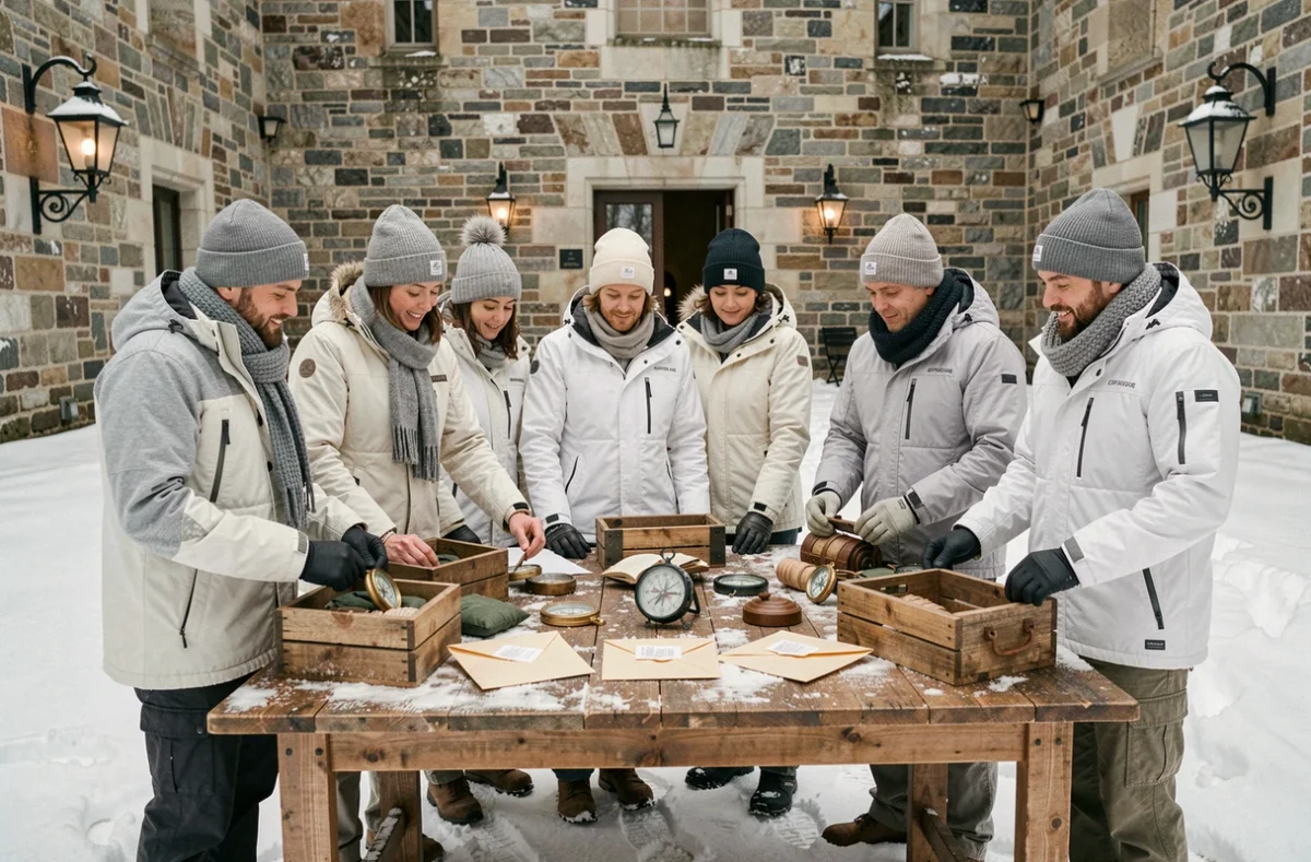 Groupe d'adultes autour d'une table de ravitaillement lors d'un événement spécial Code Whiteout Survival 2026