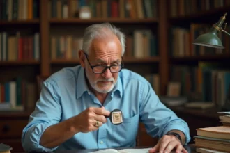 Expert philatéliste examinant un timbre rare avec une loupe dans un bureau d'antiquités