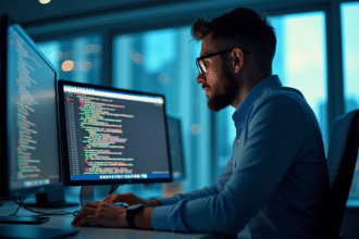 Expert en securite cyber analysant des donnees chiffre en bureau