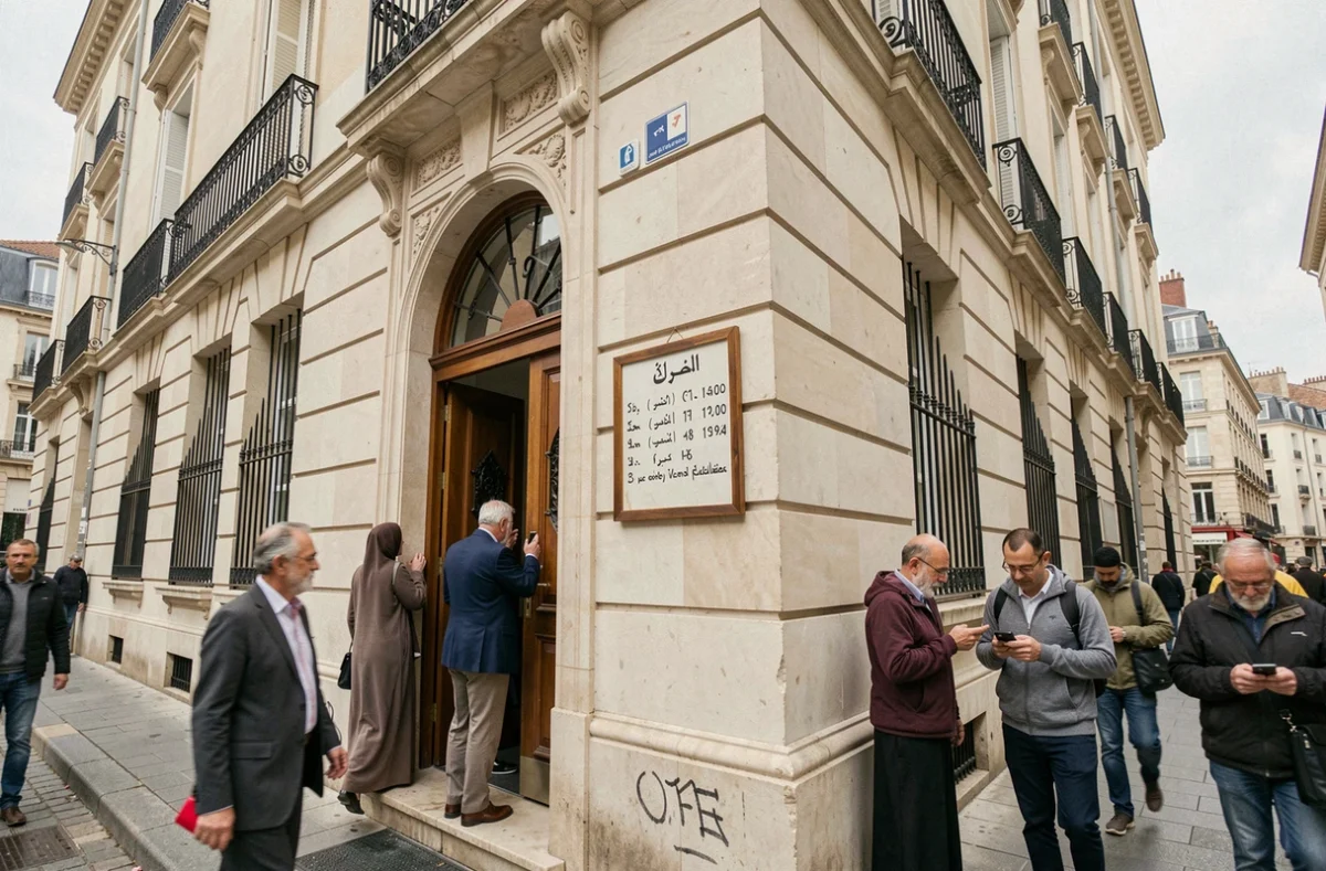 Façade d'une mosquée à Toulouse avec tableau d'affichage des horaires de prière en arabe et français