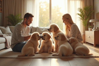 Famille heureuse rencontrant des chiots Newfoundland dans un salon lumineux