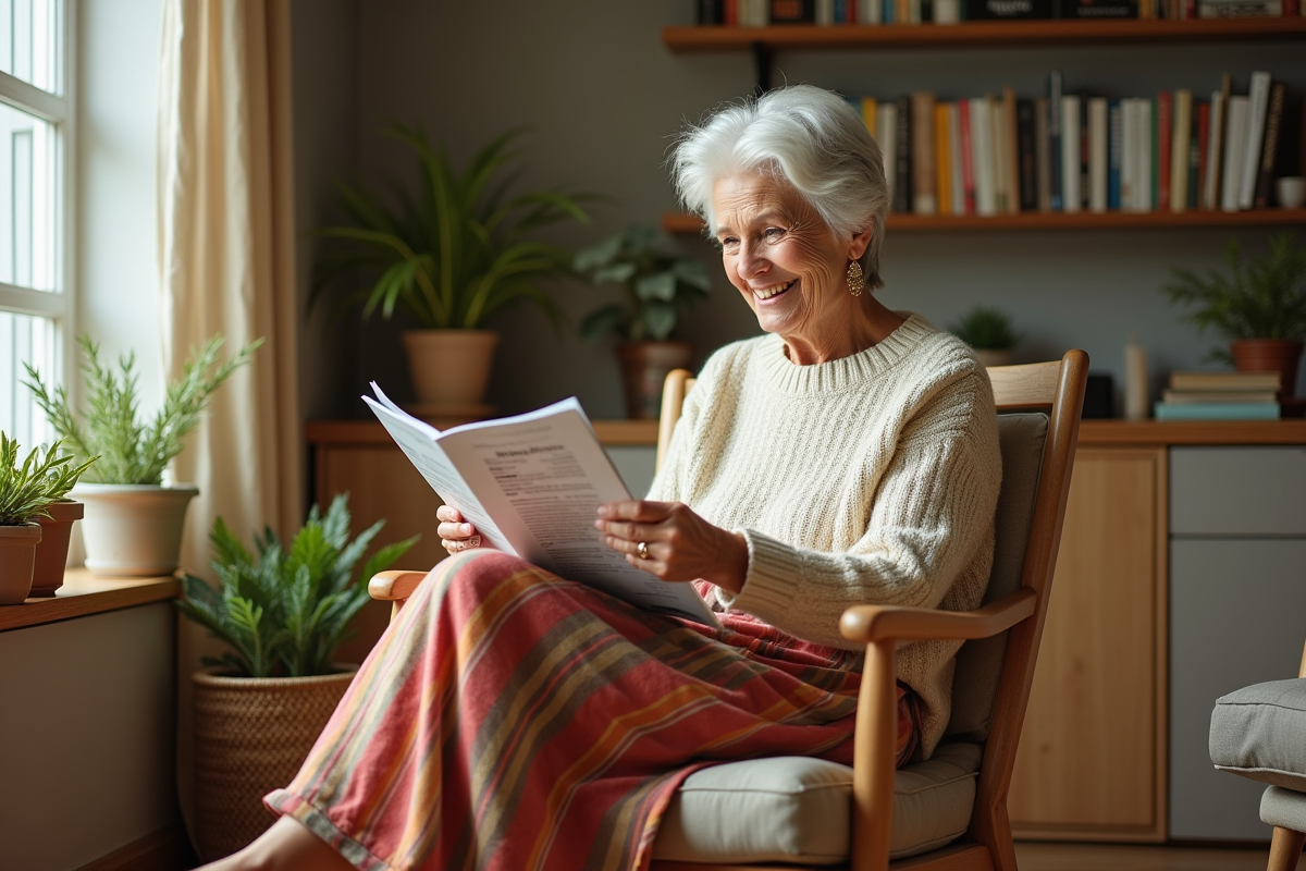 Femme de 70 ans assise dans un salon lumineux et cosy