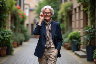 Femme élégante de 70 ans dans une rue urbaine charmante