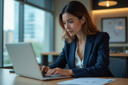 Femme d'affaires en costume bleu analysant des documents financiers