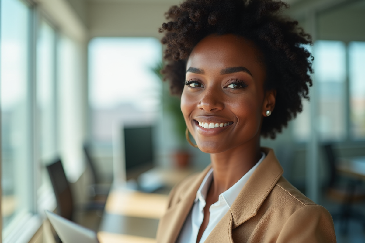 Femme africaine élégante dans un bureau lumineux