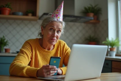 Femme avec chapeau d anniversaire et ordinateur dans la cuisine