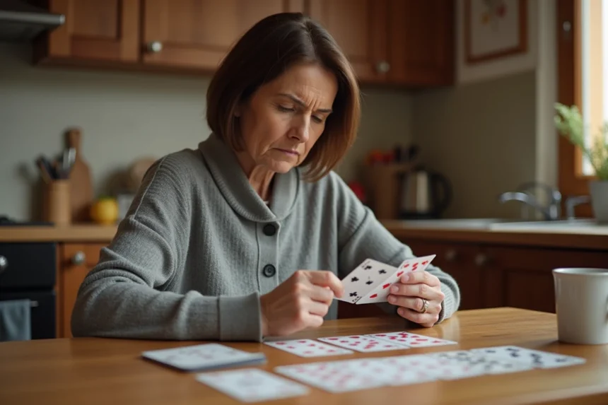 Femme apprenant les règles du jeu de cartes Crapette avec un livret de règles posé sur une table en bois