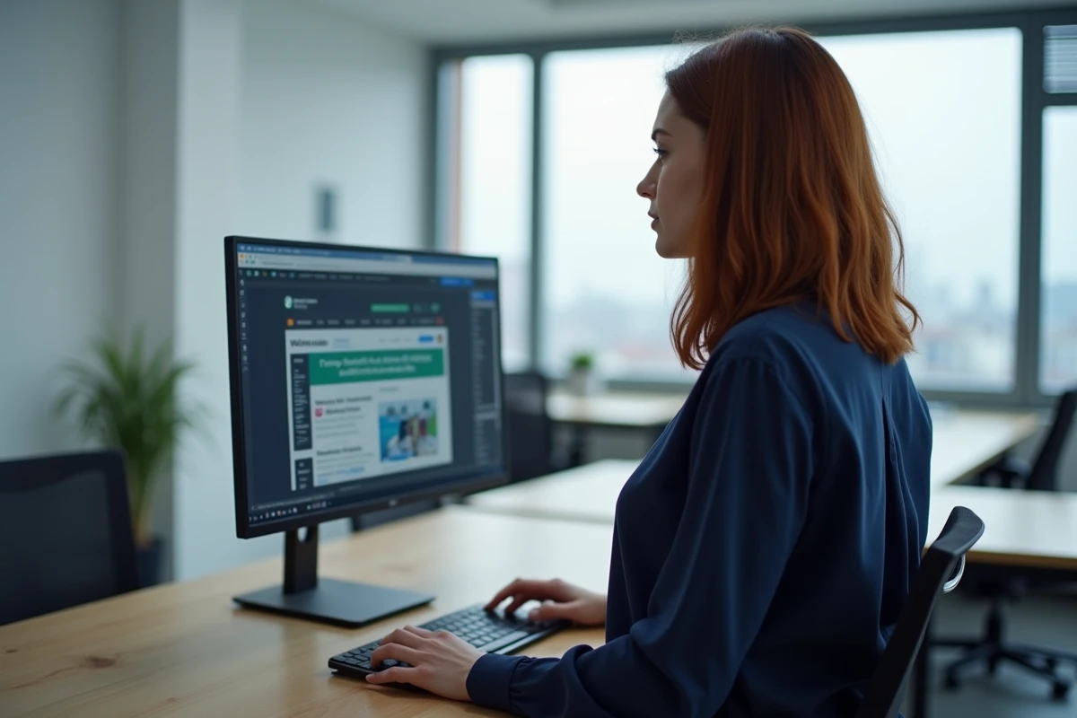 Femme consultant une plateforme d'archivage web pour retrouver les contenus de Wikio dans un espace de coworking