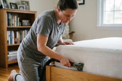 Femme en train d'aspirer un matelas dans une chambre propre